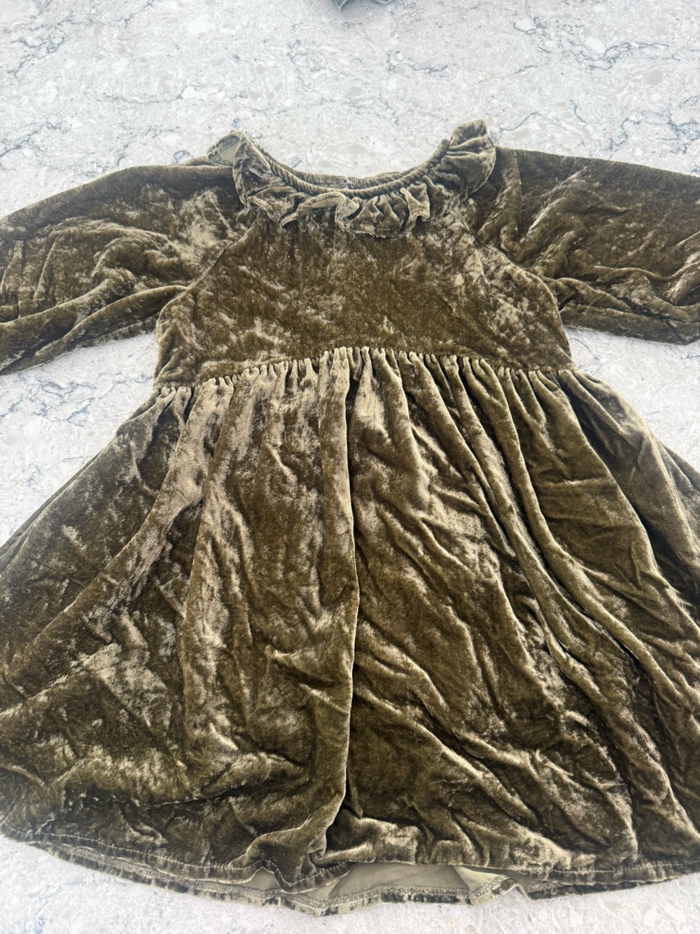 Girls' Olive crushed Velvet Ruffle-Neck Formal Dress